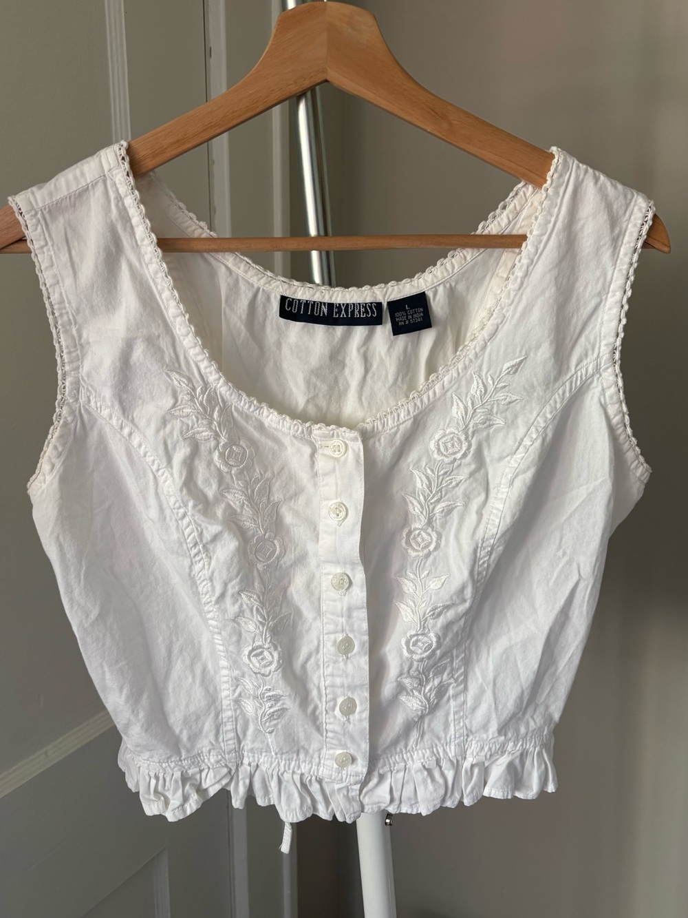 Cotton Express White Embroidered Crop Corset Back Vest Tank Sz Large